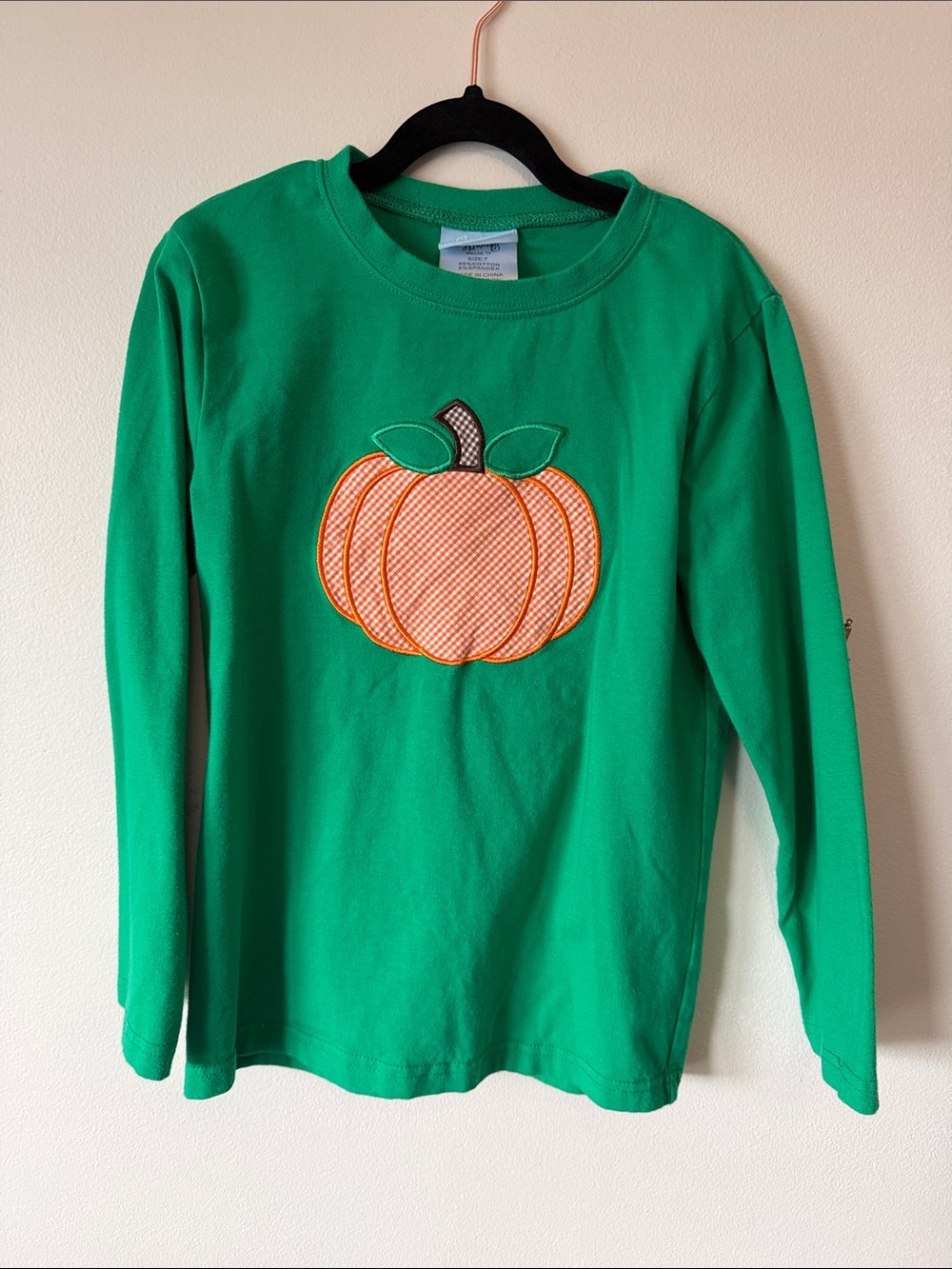 Kids Green Long-Sleeve Pumpkin Appliqué Tee